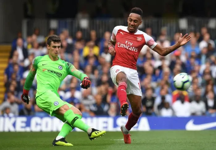 Framed Print : Aubameyang Closes In: Intense Moment Between Aubameyang and Kepa in Chelsea vs Arsenal Premier League Clash Framed Print : Aubameyang Closes In: Intense Moment Between Aubameyang and Kepa in Chelsea vs Arsenal Premier League Clash