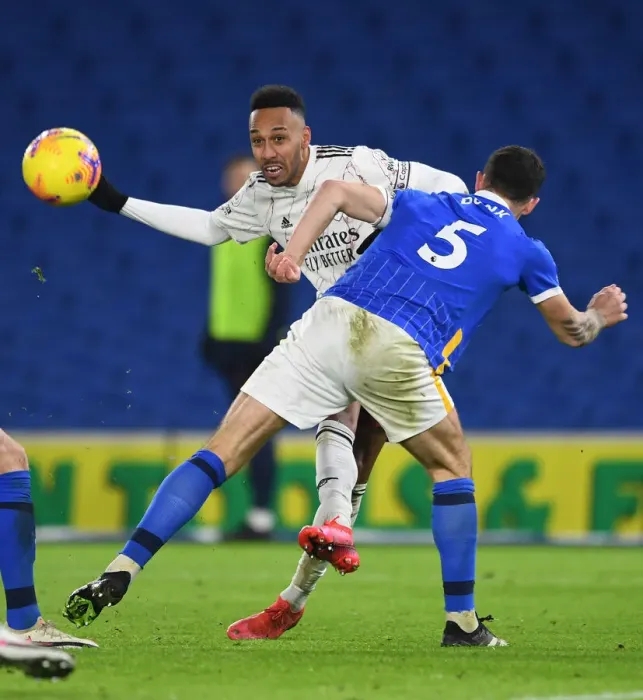 Framed Print : Aubameyang Faces Off Against Dunk: Brighton vs. Arsenal, Premier League 2020-21