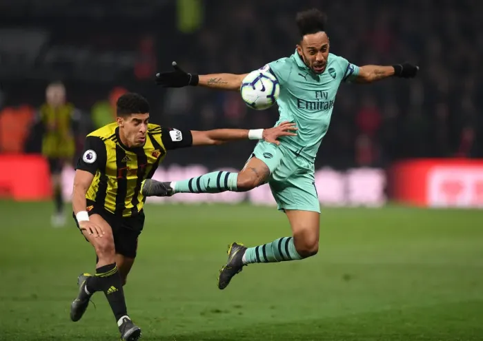 Framed Print : Aubameyang Fouls by Masina: Watford vs. Arsenal, Premier League 2018-19