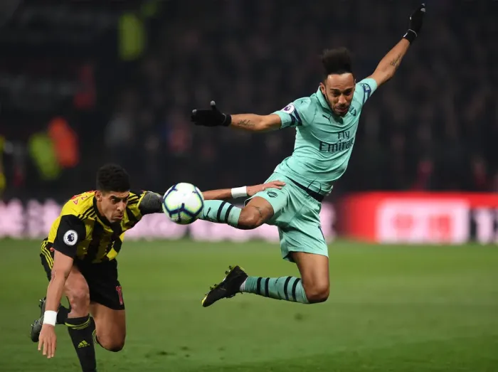 Framed Print : Aubameyang Fouls by Masina: Watford vs Arsenal, Premier League 2018-19