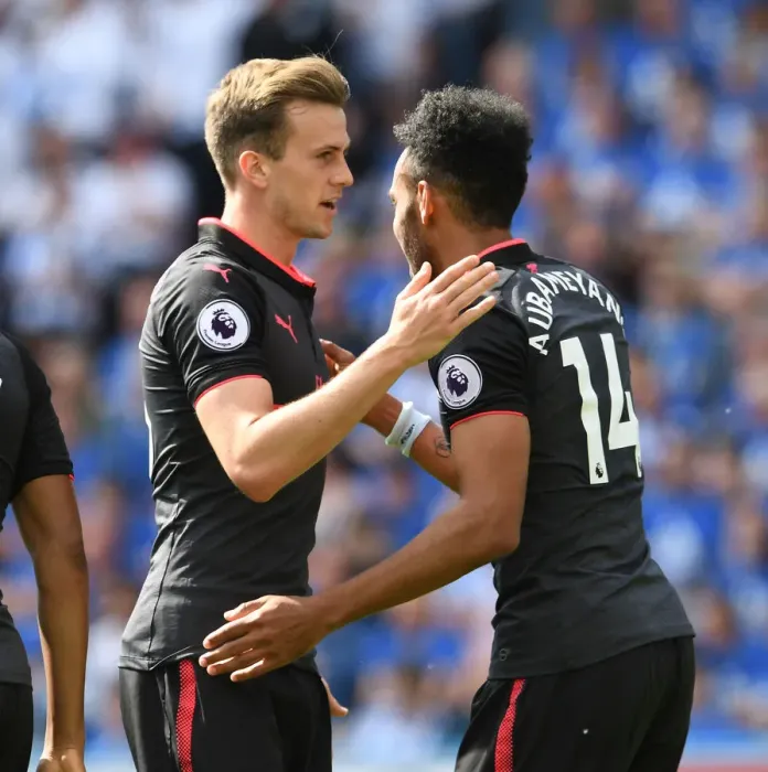 Framed Print : Aubameyang and Holding Celebrate Arsenal's Goal Against Huddersfield Town