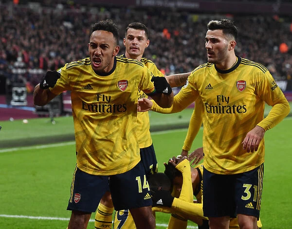 Aubameyang and Kolasinac Celebrate Arsenal's Goals Against West Ham United (2019-20)
