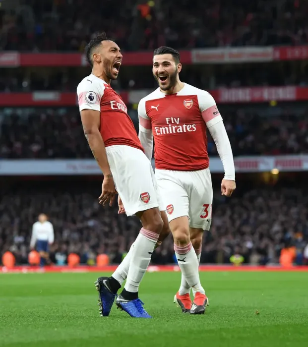 Framed Print : Aubameyang and Kolasinac Celebrate Arsenal's Winning Goal Against Tottenham