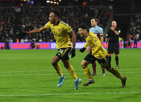 Aubameyang and Martineli Celebrate Arsenal's Third Goal vs. West Ham United (Premier League, 2019-20)