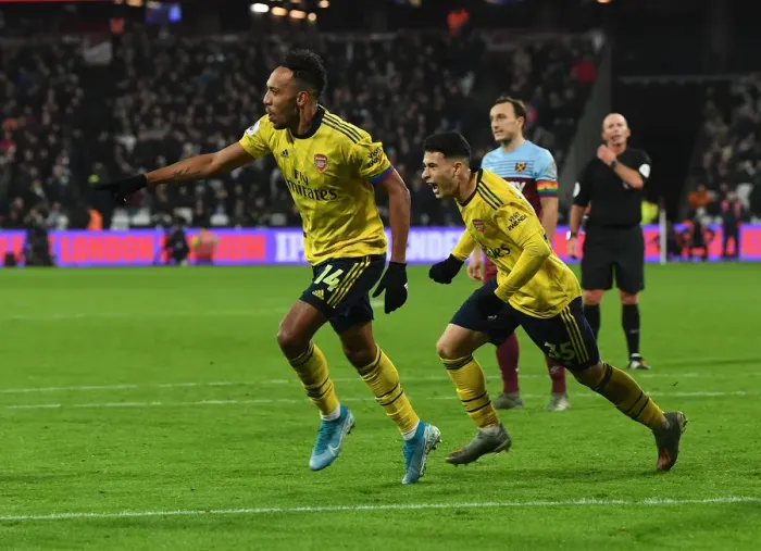 Framed Print : Aubameyang and Martineli Celebrate Arsenal's Third Goal vs. West Ham United (Premier League, 2019-20)