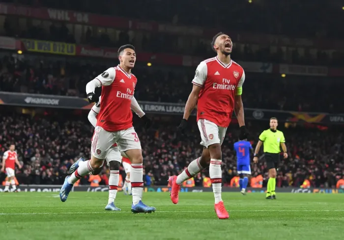 Framed Print : Aubameyang and Martinelli's Thrilling Europa League Goal Celebration for Arsenal