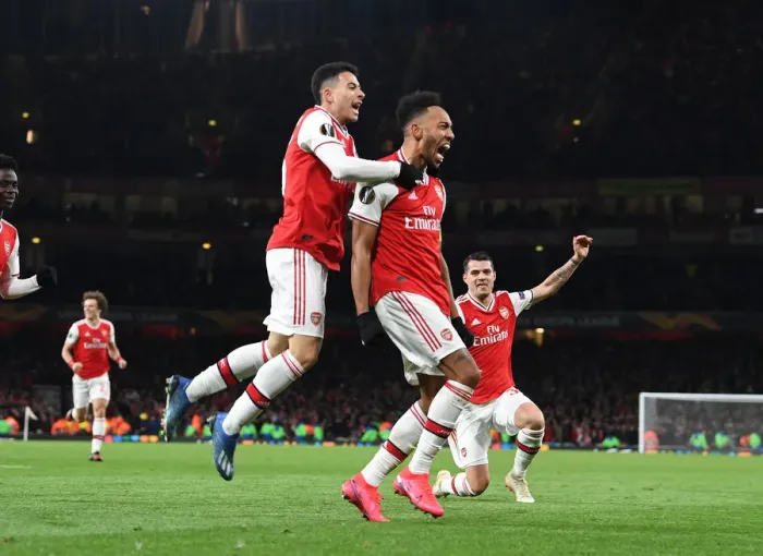Framed Print : Aubameyang and Martinelli's Thrilling Europa League Goal Celebration for Arsenal