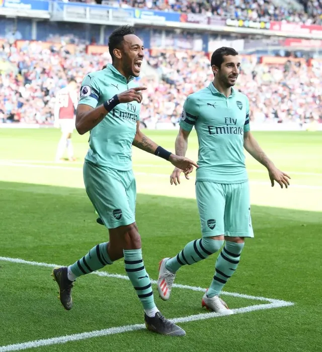Framed Print : Aubameyang and Mkhitaryan's Jubilant Moment: Scoring Duo Against Burnley (2018-19)