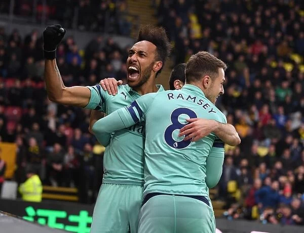 Aubameyang and Ramsey Celebrate Arsenal's Goal Against Watford (2018-19)