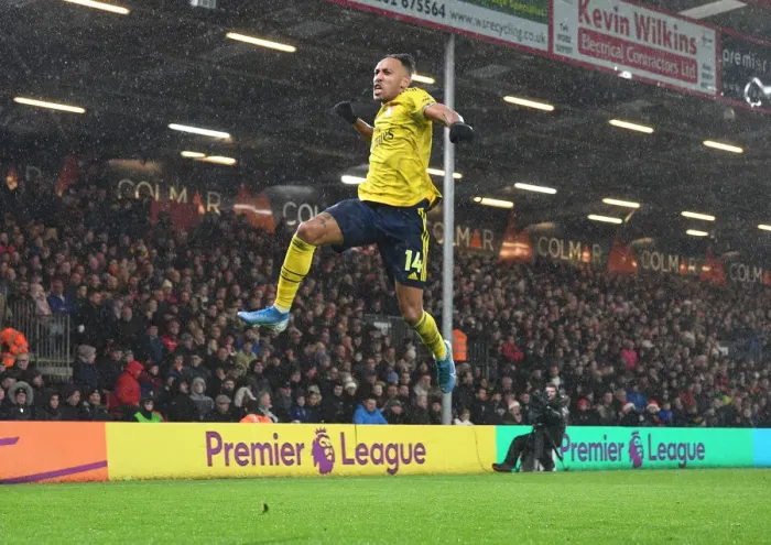 Framed Print : Aubameyang Scores: AFC Bournemouth vs. Arsenal FC, Premier League 2019-20