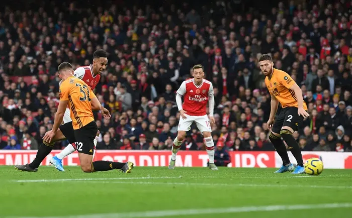 Framed Print : Aubameyang Scores: Arsenal vs. Wolverhampton Wanderers, Premier League 2019-20
