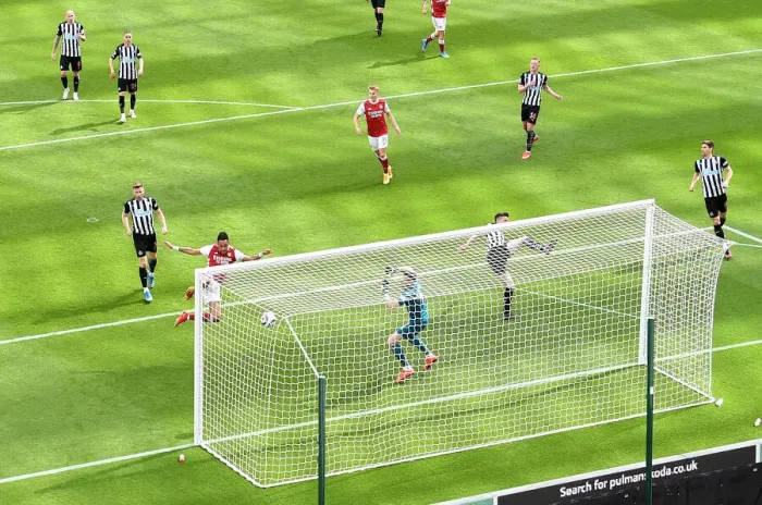 Framed Print : Aubameyang Scores Arsenal's Second Goal: Newcastle United vs Arsenal, Premier League 2021 (Behind Closed Doors)