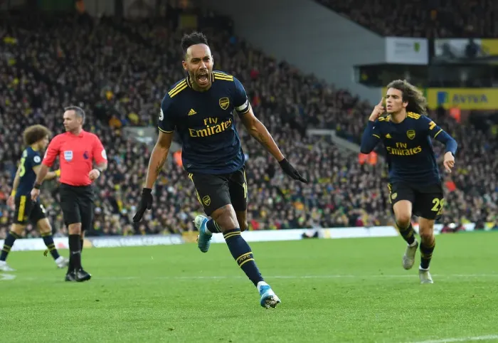 Framed Print : Aubameyang Scores Arsenal's Second Goal: Norwich City vs Arsenal, Premier League 2019-20