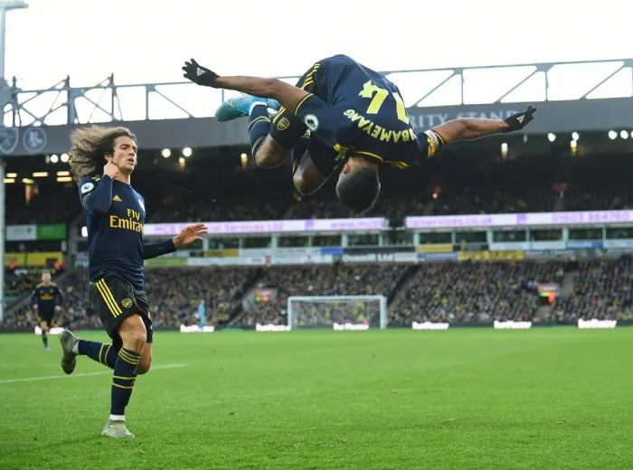 Framed Print : Aubameyang Scores Arsenal's Second Goal: Norwich City vs Arsenal, Premier League 2019-20