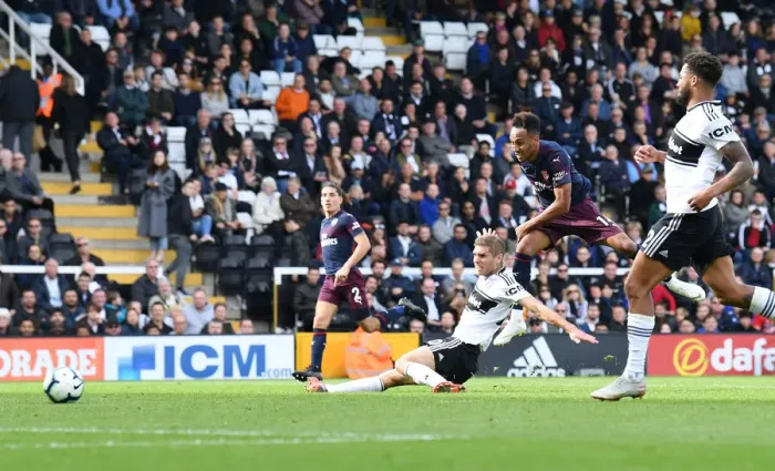 Framed Print : Aubameyang Scores Fifth Goal Against Fulham in Premier League Showdown Framed Print : Aubameyang Scores Fifth Goal Against Fulham in Premier League Showdown