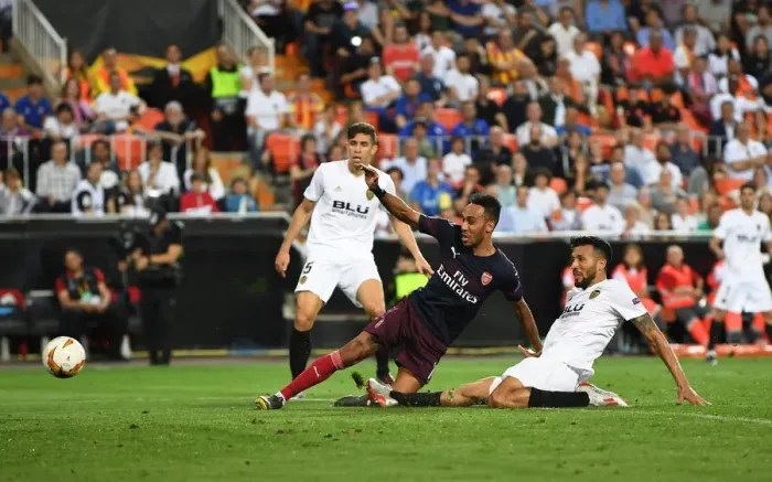 Framed Print : Aubameyang Scores Third Goal: Arsenal Secures Europa League Final Spot vs. Valencia (2018-19)