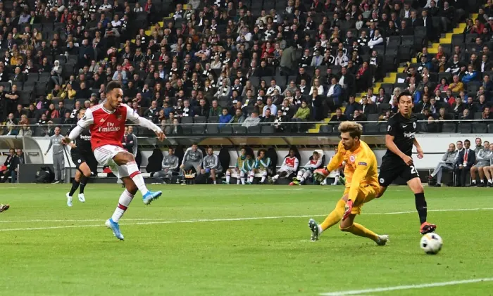 Framed Print : Aubameyang Scores Third Goal: Arsenal's Europa League Victory over Eintracht Frankfurt (September 19, 2019)