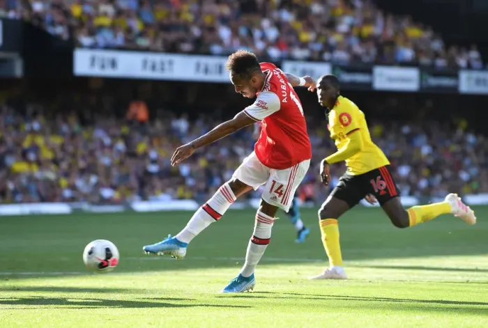 Framed Print : Aubameyang Scores: Watford vs. Arsenal, Premier League 2019-20