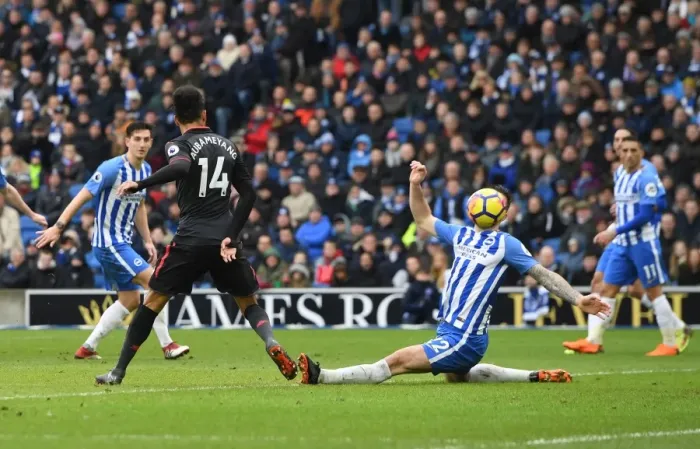 Framed Print : Aubameyang Scores the Winning Goal for Arsenal Against Brighton & Hove Albion, Premier League 2017-18 Framed Print : Aubameyang Scores the Winning Goal for Arsenal Against Brighton & Hove Albion, Premier League 2017-18