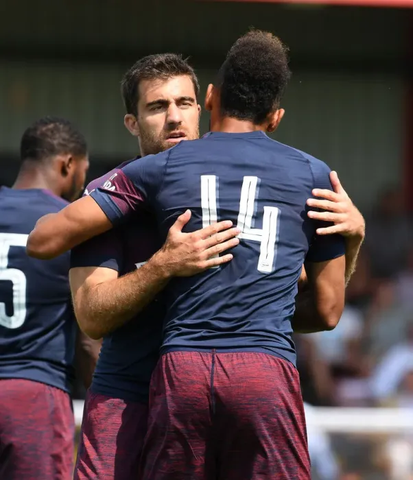 Framed Print : Aubameyang and Sokratis: Celebrating a Goal for Arsenal in Borehamwood Friendly Framed Print : Aubameyang and Sokratis: Celebrating a Goal for Arsenal in Borehamwood Friendly
