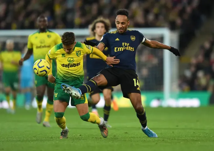Framed Print : Aubameyang vs Aarons: Intense Clash in Norwich City vs Arsenal FC Premier League Match Framed Print : Aubameyang vs Aarons: Intense Clash in Norwich City vs Arsenal FC Premier League Match