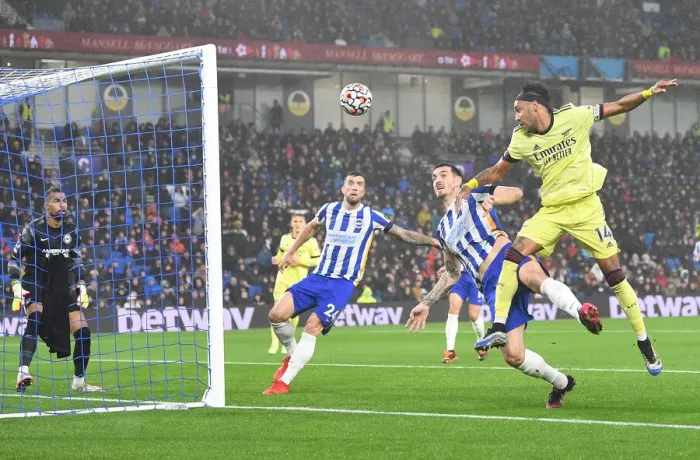 Framed Print : Aubameyang vs. Dunk: Intense Clash in Brighton & Hove Albion vs. Arsenal Premier League Match