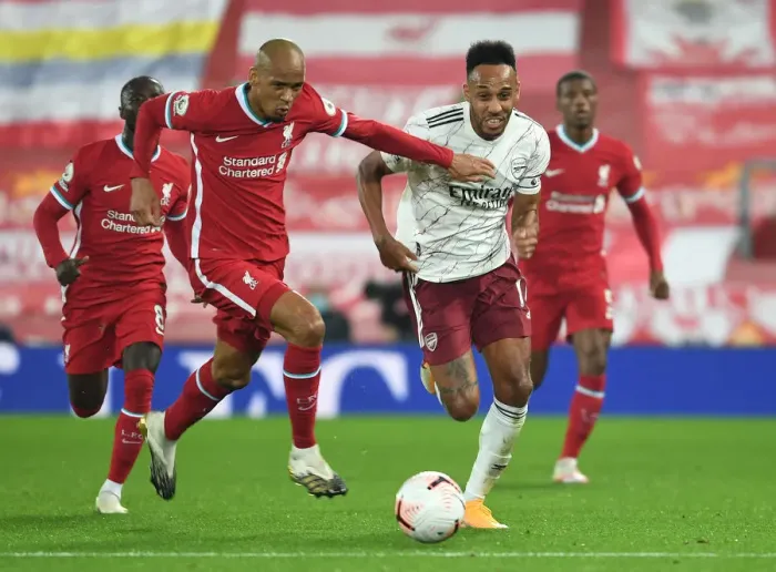 Framed Print : Aubameyang vs. Fabinho: Liverpool vs. Arsenal Clash in Empty Anfield (2020-21 Premier League)
