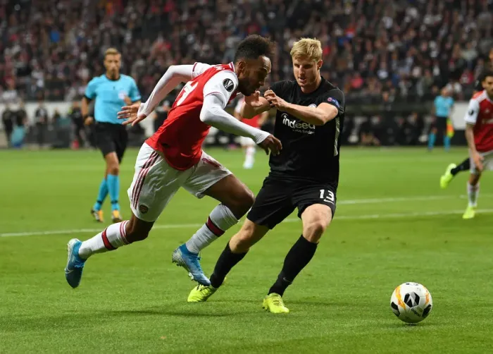 Framed Print : Aubameyang vs. Hinteregger: Clash in the Europa League between Eintracht Frankfurt and Arsenal FC Framed Print : Aubameyang vs. Hinteregger: Clash in the Europa League between Eintracht Frankfurt and Arsenal FC