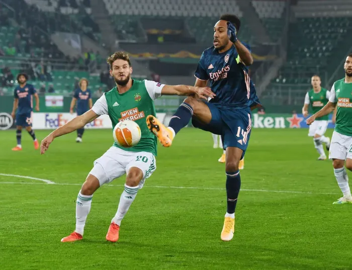 Framed Print : Aubameyang vs Hofmann: Clash in the Europa League between Rapid Vienna and Arsenal Framed Print : Aubameyang vs Hofmann: Clash in the Europa League between Rapid Vienna and Arsenal