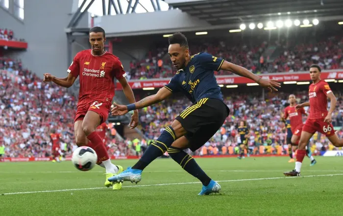 Framed Print : Aubameyang vs. Matip: Intense Moment at Anfield - Liverpool vs. Arsenal, 2019-20 Premier League