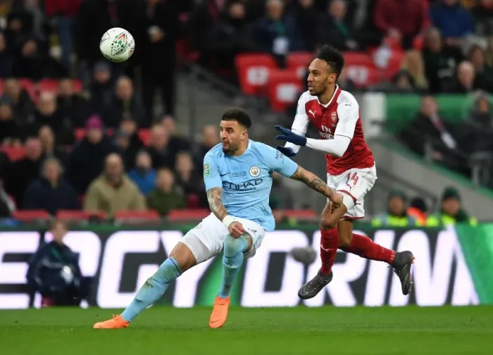Framed Print : Aubameyang vs. Walker: Clash at the Carabao Cup Final Framed Print : Aubameyang vs. Walker: Clash at the Carabao Cup Final