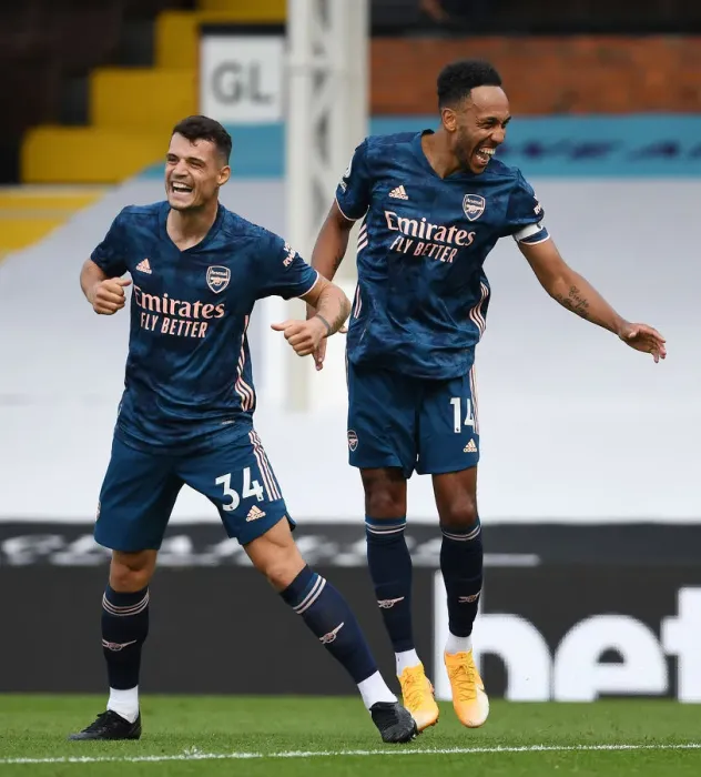 Framed Print : Aubameyang and Xhaka Celebrate Arsenal's Third Goal vs Fulham (2020-21)