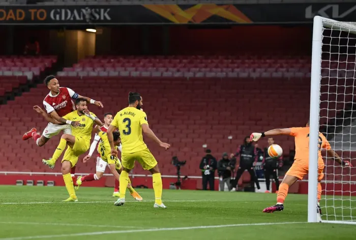 Framed Print : Aubameyang's Decisive Header: Arsenal Advance to Europa League Semi-Finals in Empty Emirates