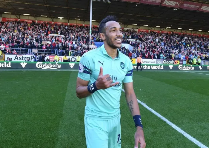 Framed Print : Aubameyang's Euphoria: Arsenal Clinch Victory Over Burnley (Premier League 2018-19)