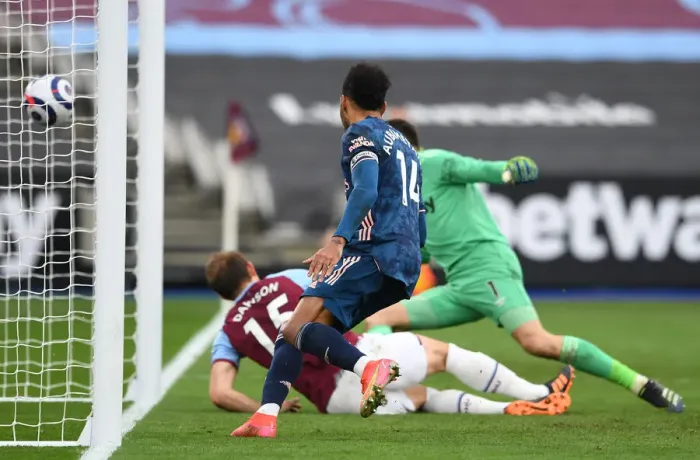 Framed Print : Aubameyang's Gaze as Dawson Scores Own Goal: West Ham vs. Arsenal, Premier League 2020-21