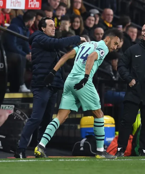 Framed Print : Aubameyang's Goal Celebration with Emery: Arsenal's Victory at Watford (2018-19)
