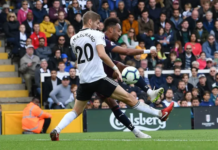 Framed Print : Aubameyang's Intense Fourth Goal for Arsenal Against Fulham Amidst Defensive Pressure