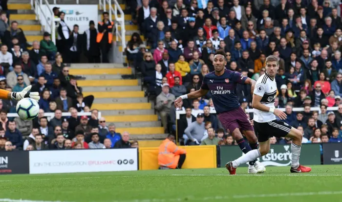 Framed Print : Aubameyang's Intense Goal: Arsenal's Fourth Amidst Fulham's Defensive Pressure Framed Print : Aubameyang's Intense Goal: Arsenal's Fourth Amidst Fulham's Defensive Pressure