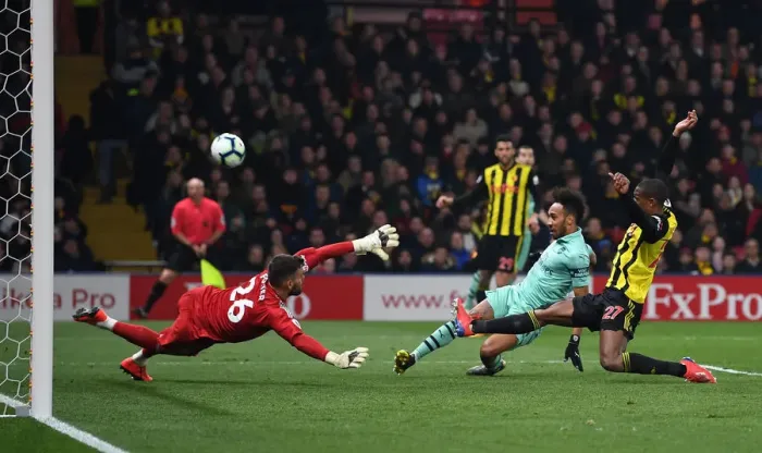 Framed Print : Aubameyang's Missed Opportunity: Watford vs. Arsenal, Premier League 2018-19