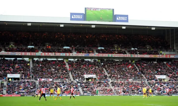 Framed Print : Away fans in upper teir. Sunderland 0: 1 Arsenal. Barclays Premier League. Stadium of Light