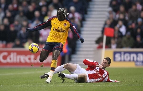 Bacary Sagna (Arsenal) is ijnured from a challenge by Rory Delap (Stoke)