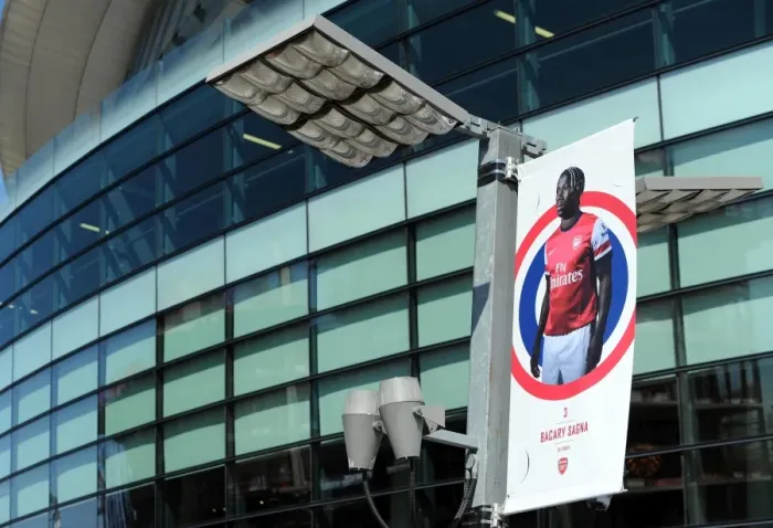 Framed Print : Bacary Sagna banner outside the stadium. Arsenal 0: 0 Sunderland. Barclays Premier League