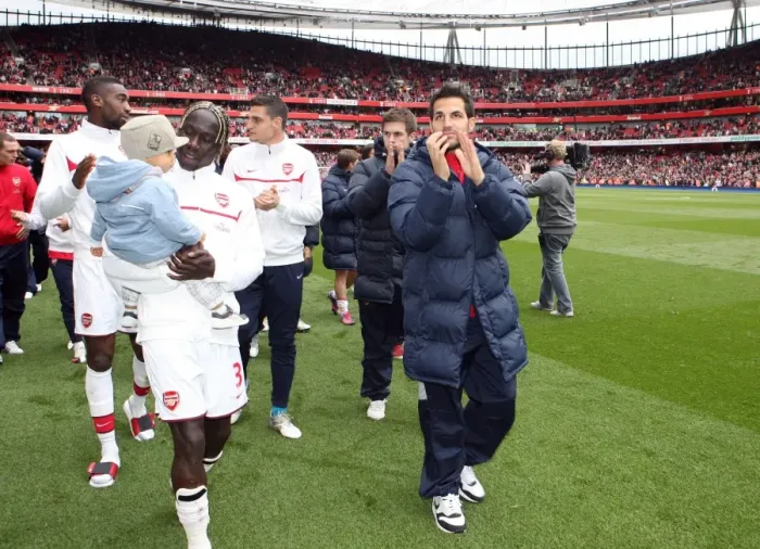 Framed Print : Bacary Sagna and Cesc Fabregas (Arsenal) clap the fans at the end of the match Framed Print : Bacary Sagna and Cesc Fabregas (Arsenal) clap the fans at the end of the match