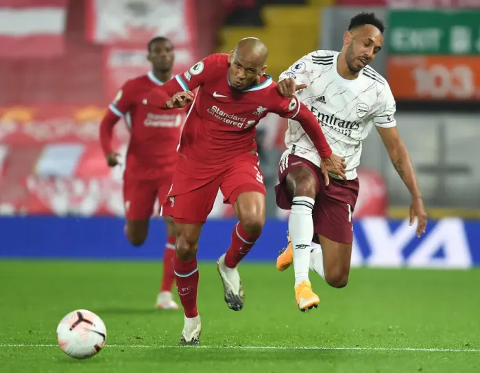 Framed Print : Battle at Empty Anfield: Aubameyang vs Fabinho - Liverpool vs Arsenal (2020-21 Premier League)