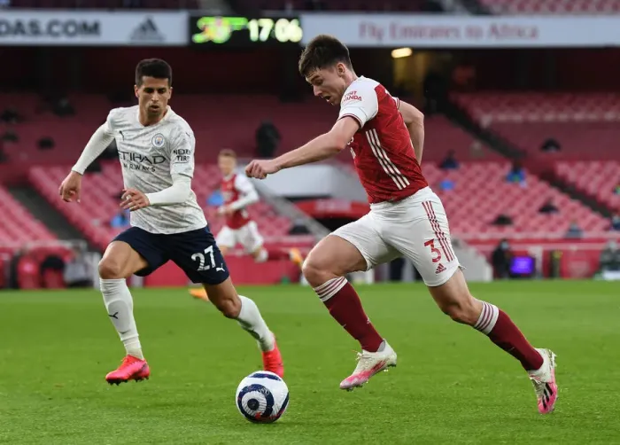 Framed Print : Battle of the Left Flanks: Tierney vs Cancelo at Empty Emirates Stadium - Arsenal vs Manchester City, Premier League 2021