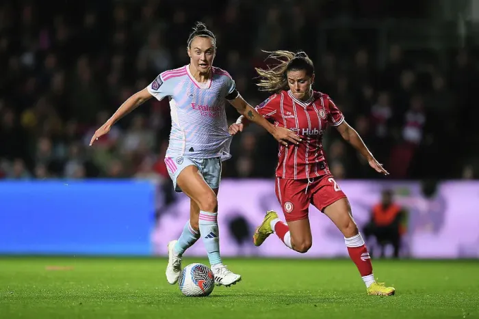 Framed Print : Battling for Possession: Caitlin Foord vs. Ffion Morgan in the Barclays Women's Super League Match between Bristol City and Arsenal FC Framed Print : Battling for Possession: Caitlin Foord vs. Ffion Morgan in the Barclays Women's Super League Match between Bristol City and Arsenal FC