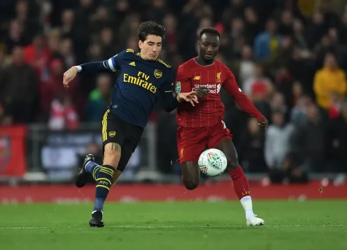Framed Print : Bellerin vs. Keita: Intense Battle in Liverpool v Arsenal Carabao Cup Showdown