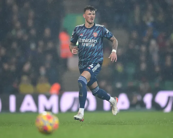 Framed Print : Ben White in Action: Arsenal's Defensive Star Shines Against Norwich City, Premier League 2021-22