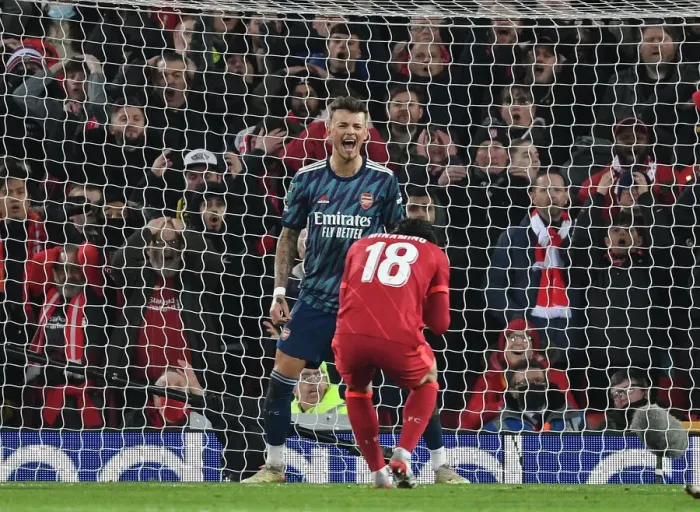 Framed Print : Ben White's Reaction: Liverpool's Minamino Sends One Over in Carabao Cup Semi-Final Clash (Liverpool vs Arsenal 2021-22)