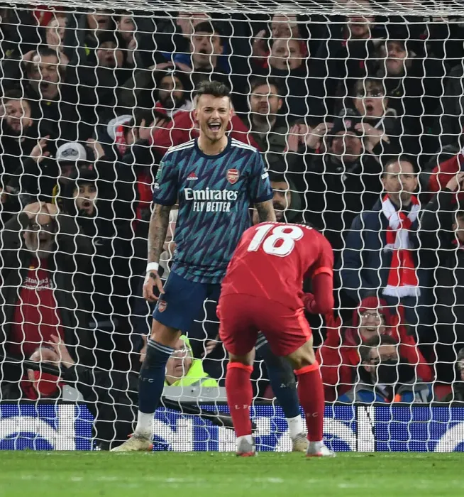 Framed Print : Ben White's Reaction: Minamino Sends One Over in Carabao Cup Semi-Final Showdown